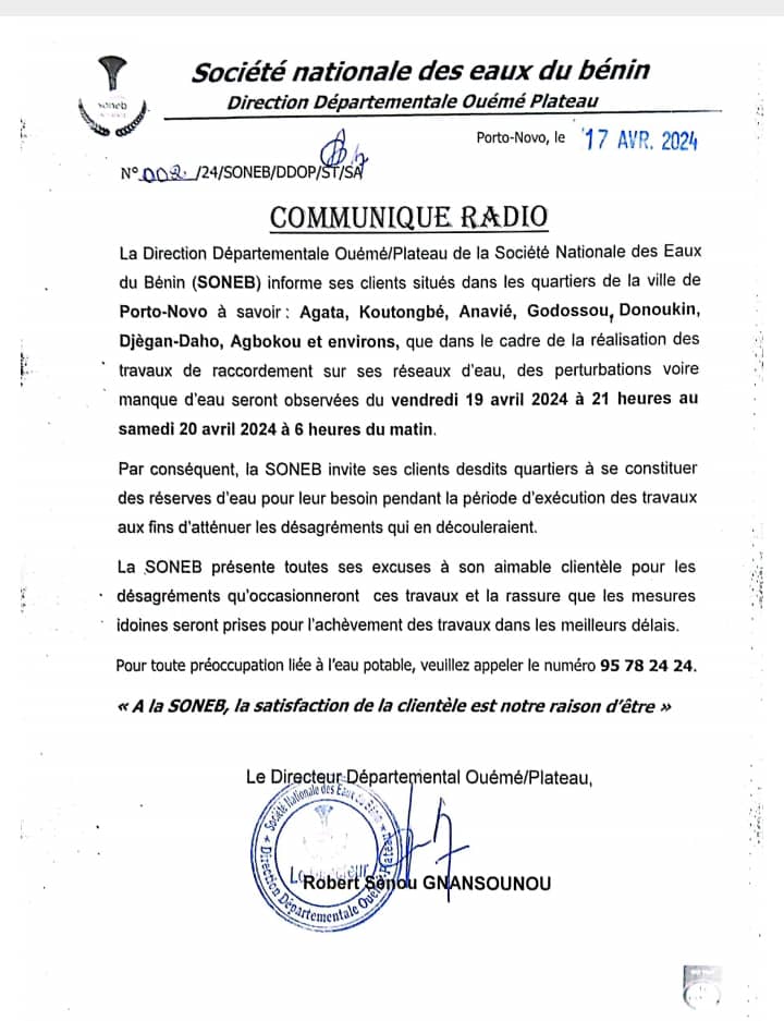 Communiqué de la SONEB